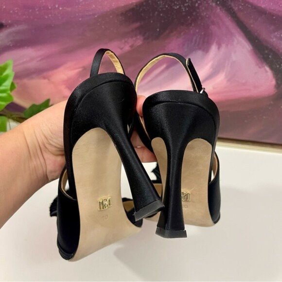 Badgley Mischka Blaire Pleated Satin Slingback Heels with Floral Detail Black 10 - Picture 7 of 11